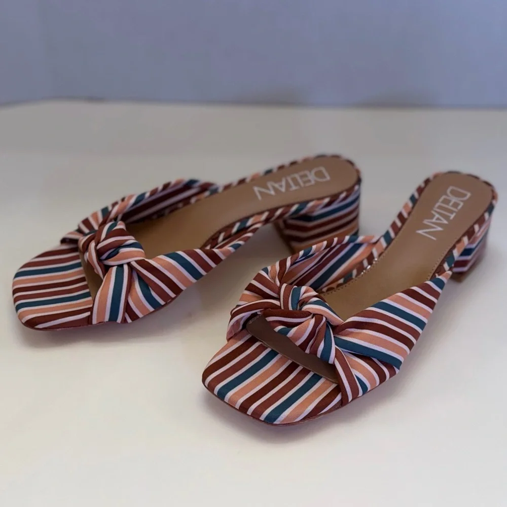 NWOT Deltan Striped Knot Slide Sandals Block Heel Summer Resort Chic Size 8 - Picture 6 of 14